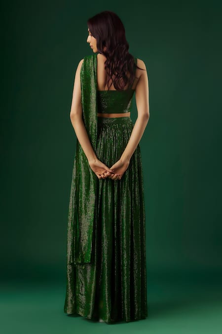 Shop Breathe By Aakanksha Singh Green Georgette Oracle Embellished Slit Pre-draped Saree With Corset Blouse at Aza Fashions Shop_Breathe By Aakanksha Singh_Green Georgette Oracle Embellished Slit Pre-draped Saree With Corset Blouse _at_Aza_Fashions