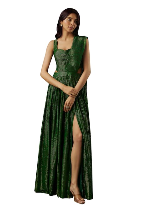 Breathe By Aakanksha Singh Green Georgette Oracle Embellished Slit Pre-draped Saree With Corset Blouse Online at Aza Fashions Breathe By Aakanksha Singh_Green Georgette Oracle Embellished Slit Pre-draped Saree With Corset Blouse _Online_at_Aza_Fashions