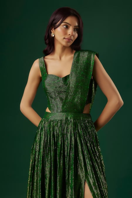 Shop Breathe By Aakanksha Singh Green Georgette Oracle Embellished Slit Pre-draped Saree With Corset Blouse Online at Aza Fashions Shop_Breathe By Aakanksha Singh_Green Georgette Oracle Embellished Slit Pre-draped Saree With Corset Blouse _Online_at_Aza_Fashions