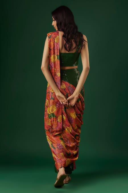 Shop Breathe By Aakanksha Singh Multi Color Georgette Prophet Printed And Pre-draped Saree With Blouse at Aza Fashions Shop_Breathe By Aakanksha Singh_Multi Color Georgette Prophet Printed And Pre-draped Saree With Blouse _at_Aza_Fashions