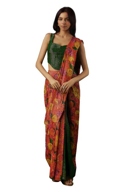 Breathe By Aakanksha Singh Multi Color Georgette Prophet Printed And Pre-draped Saree With Blouse Online at Aza Fashions Breathe By Aakanksha Singh_Multi Color Georgette Prophet Printed And Pre-draped Saree With Blouse _Online_at_Aza_Fashions