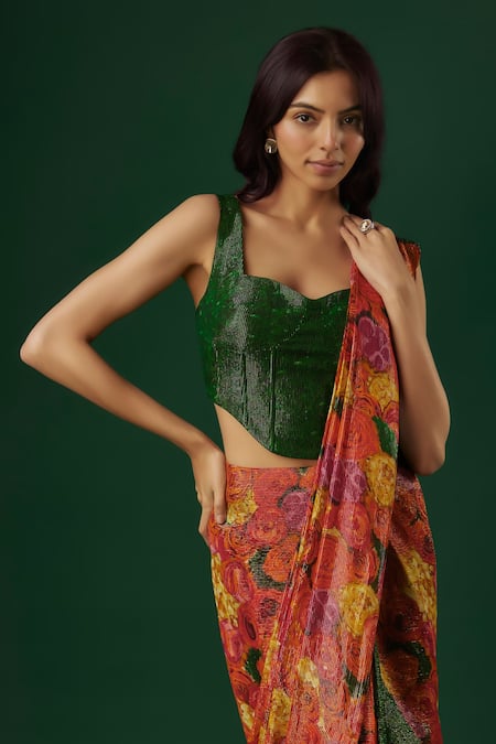 Shop Breathe By Aakanksha Singh Multi Color Georgette Prophet Printed And Pre-draped Saree With Blouse Online at Aza Fashions Shop_Breathe By Aakanksha Singh_Multi Color Georgette Prophet Printed And Pre-draped Saree With Blouse _Online_at_Aza_Fashions