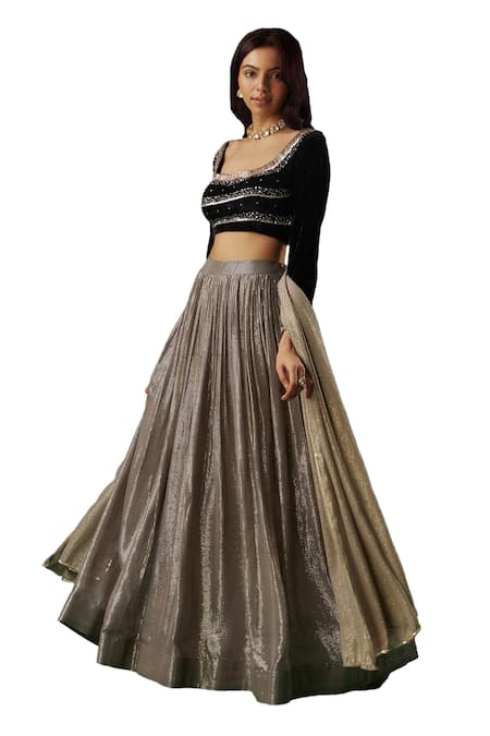 Breathe By Aakanksha Singh_Beige Velvet, Georgette Sequins Sorcery Textured Lehenga Embellished Blouse Set _Online_at_Aza_Fashions