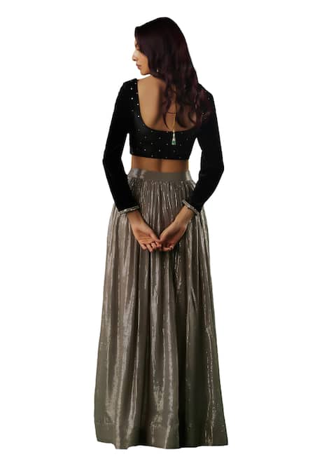 Buy_Breathe By Aakanksha Singh_Beige Velvet, Georgette Sequins Sorcery Textured Lehenga Embellished Blouse Set _Online_at_Aza_Fashions