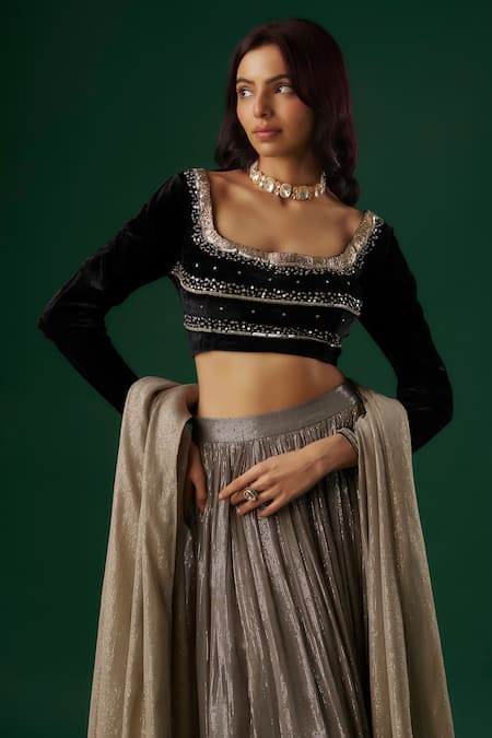 Breathe By Aakanksha Singh_Beige Velvet, Georgette Sequins Sorcery Textured Lehenga Embellished Blouse Set _at_Aza_Fashions