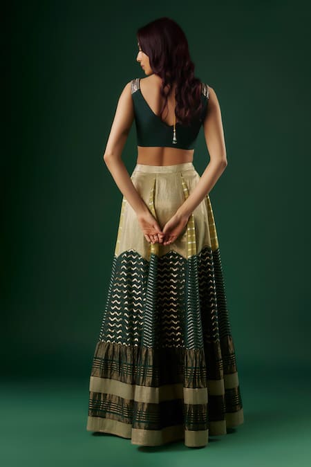Shop Breathe By Aakanksha Singh Green Brocade, Organza Sequins Talisman Textured Chevron Panelled Lehenga Set at Aza Fashions Shop_Breathe By Aakanksha Singh_Green Brocade, Organza Sequins Talisman Textured Chevron Panelled Lehenga Set _at_Aza_Fashions