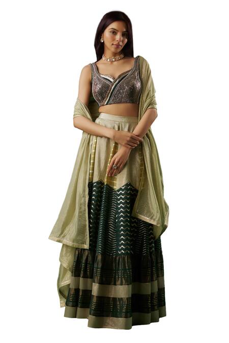 Breathe By Aakanksha Singh Green Brocade, Organza Sequins Talisman Textured Chevron Panelled Lehenga Set Online at Aza Fashions Breathe By Aakanksha Singh_Green Brocade, Organza Sequins Talisman Textured Chevron Panelled Lehenga Set _Online_at_Aza_Fashions