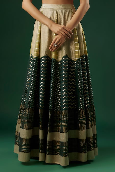 Shop Breathe By Aakanksha Singh Green Brocade, Organza Sequins Talisman Textured Chevron Panelled Lehenga Set Online at Aza Fashions Shop_Breathe By Aakanksha Singh_Green Brocade, Organza Sequins Talisman Textured Chevron Panelled Lehenga Set _Online_at_Aza_Fashions
