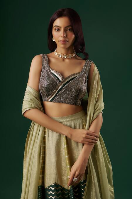 Breathe By Aakanksha Singh Green Brocade, Organza Sequins Talisman Textured Chevron Panelled Lehenga Set at Aza Fashions Breathe By Aakanksha Singh_Green Brocade, Organza Sequins Talisman Textured Chevron Panelled Lehenga Set _at_Aza_Fashions