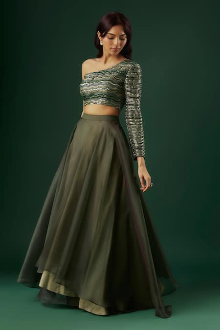 Breathe by Aakanksha Singh Green Brocade Chanderi Embellished Sequin Wizard Layered Lehenga With Blouse For Kids