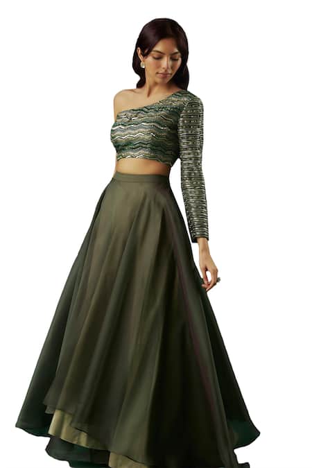 Breathe By Aakanksha Singh_Green Organza, Brocade, Chanderi Wizard Layered Lehenga With Embellished Blouse _Online_at_Aza_Fashions
