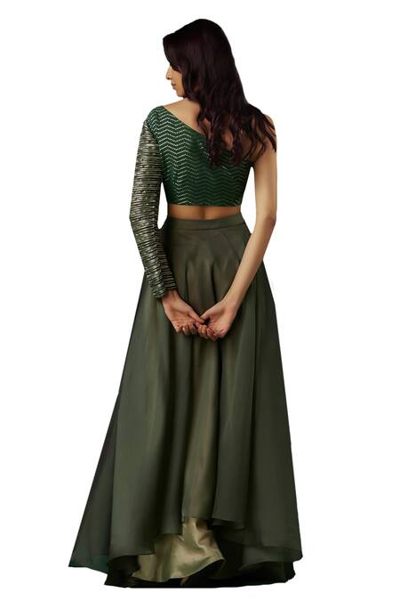 Buy_Breathe By Aakanksha Singh_Green Organza, Brocade, Chanderi Wizard Layered Lehenga With Embellished Blouse _Online_at_Aza_Fashions