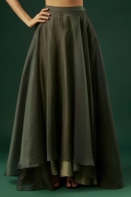 Shop_Breathe By Aakanksha Singh_Green Organza, Brocade, Chanderi Wizard Layered Lehenga With Embellished Blouse _Online_at_Aza_Fashions