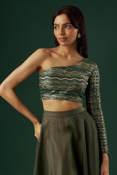 Breathe By Aakanksha Singh_Green Organza, Brocade, Chanderi Wizard Layered Lehenga With Embellished Blouse _at_Aza_Fashions