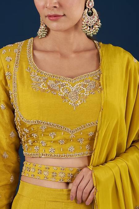 Buy_BAIDEHI_Yellow Silk, Bamboo, Organza Sequins, Pearls, Zardosi Embroidered Lehenga Set_Online_at_Aza_Fashions