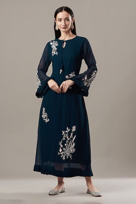 Baidehi Blue Georgette Embroidery Round Neck Floral Frill Edged Dress 