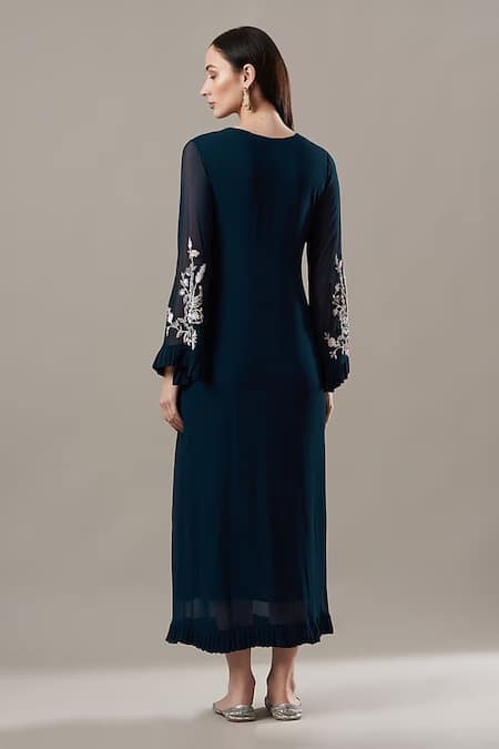 Shop_Baidehi_Blue Georgette Embroidery Round Neck Floral Frill Edged Dress _at_Aza_Fashions