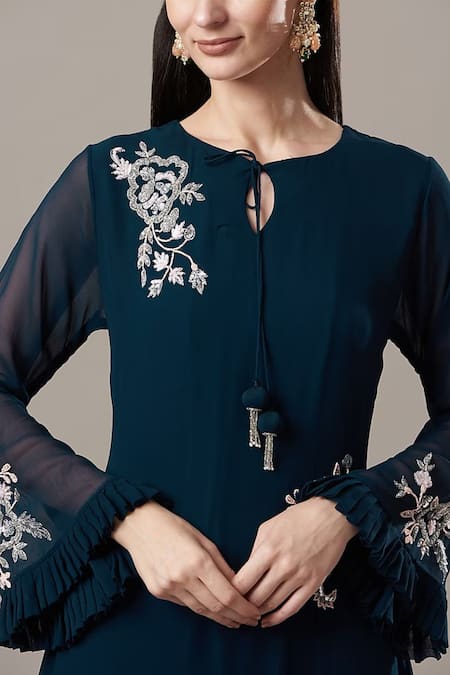 Baidehi_Blue Georgette Embroidery Round Neck Floral Frill Edged Dress _Online_at_Aza_Fashions