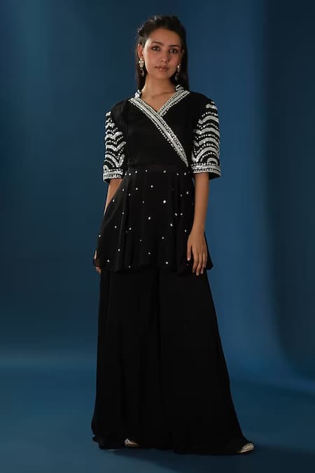 BAIDEHI Black Georgette, Chiffon Pearls, Sequins Embroidered Angrakha With Sharara 