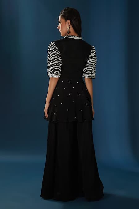Shop BAIDEHI Black Georgette, Chiffon Pearls, Sequins Embroidered Angrakha With Sharara at Aza Fashions Shop_BAIDEHI_Black Georgette, Chiffon Pearls, Sequins Embroidered Angrakha With Sharara _at_Aza_Fashions