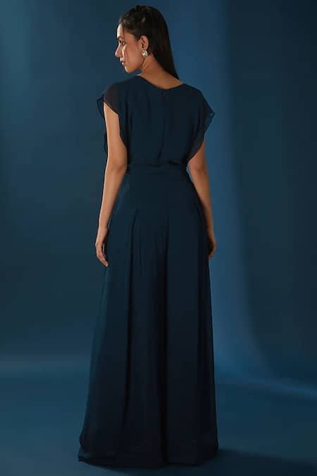 Shop BAIDEHI Blue Georgette Pearls, Sequins, Diamonds Embroidered Waist Cape Sleeved Jumpsuit at Aza Fashions Shop_BAIDEHI_Blue Georgette Pearls, Sequins, Diamonds Embroidered Waist Cape Sleeved Jumpsuit _at_Aza_Fashions