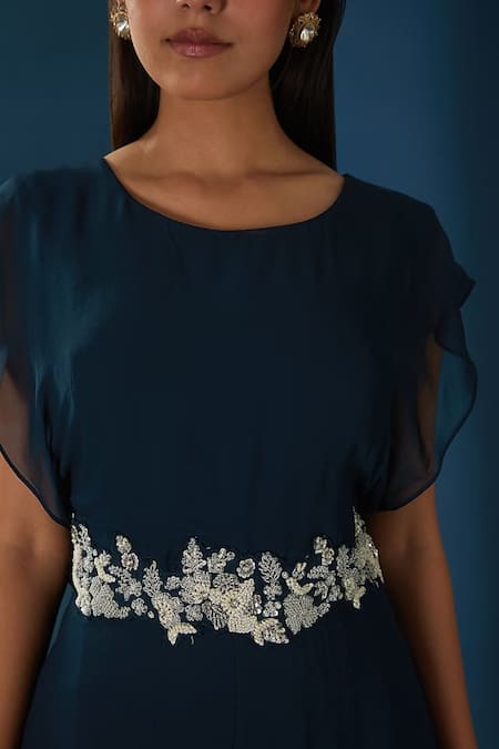 BAIDEHI Blue Georgette Pearls, Sequins, Diamonds Embroidered Waist Cape Sleeved Jumpsuit Online at Aza Fashions BAIDEHI_Blue Georgette Pearls, Sequins, Diamonds Embroidered Waist Cape Sleeved Jumpsuit _Online_at_Aza_Fashions