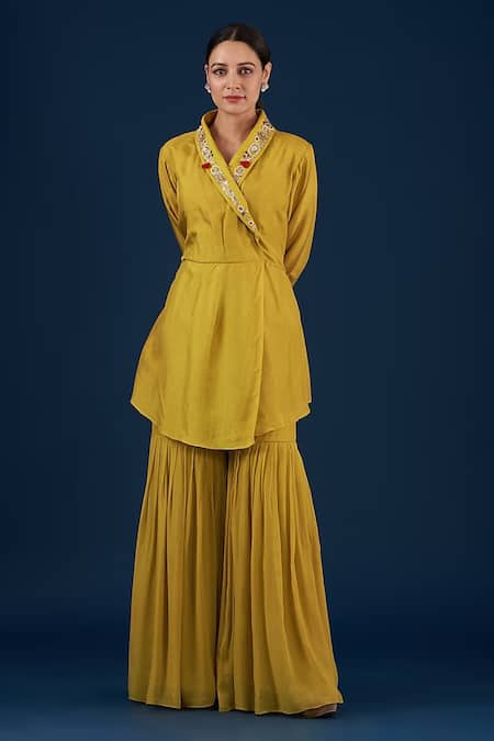 BAIDEHI Yellow Silk, Georgette Pearls, Cut Work, Floral Peplum Angrakha With Sharara 