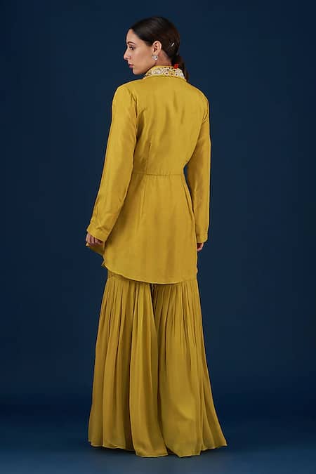 Shop_BAIDEHI_Yellow Silk, Georgette Pearls, Cut Work, Floral Peplum Angrakha With Sharara _at_Aza_Fashions