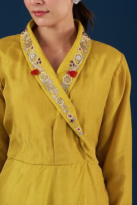 Buy_BAIDEHI_Yellow Silk, Georgette Pearls, Cut Work, Floral Peplum Angrakha With Sharara _Online_at_Aza_Fashions