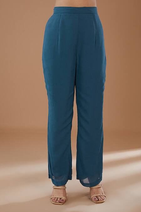 BAIDEHI_Blue Georgette Cut Work, Sequins, Overlap Embroidered High- Low Tunic With Pant _Online_at_Aza_Fashions