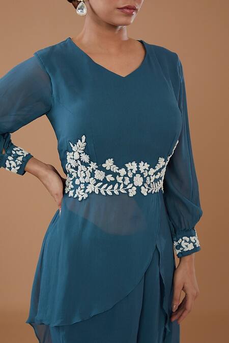 Buy_BAIDEHI_Blue Georgette Cut Work, Sequins, Overlap Embroidered High- Low Tunic With Pant _Online_at_Aza_Fashions