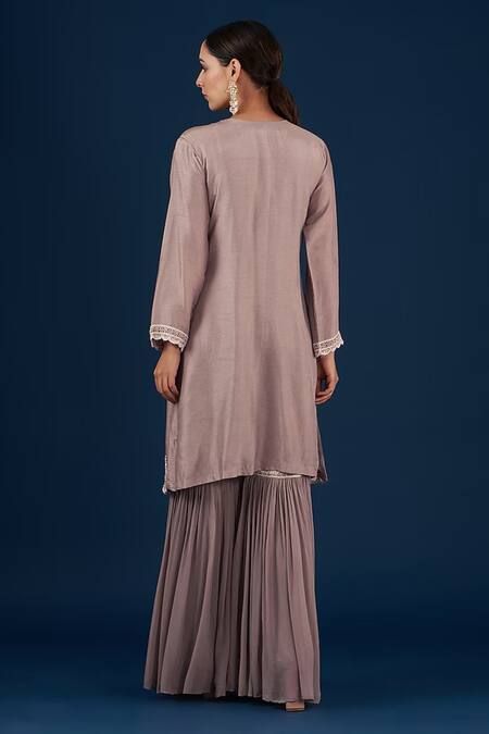 Shop BAIDEHI Beige Georgette, Organza Pearls, Zari, Straight Antique Kurta And Sharara Set at Aza Fashions Shop_BAIDEHI_Beige Georgette, Organza Pearls, Zari, Straight Antique Kurta And Sharara Set_at_Aza_Fashions