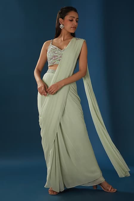 Baidehi Green Georgette Sequins, Cut Work, Embroidered Pre-draped Saree With Bustier