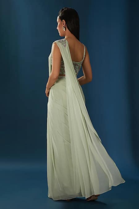 Shop_BAIDEHI_Green Georgette Sequins, Cut Work, Embroidered Pre-draped Saree With Bustier _at_Aza_Fashions
