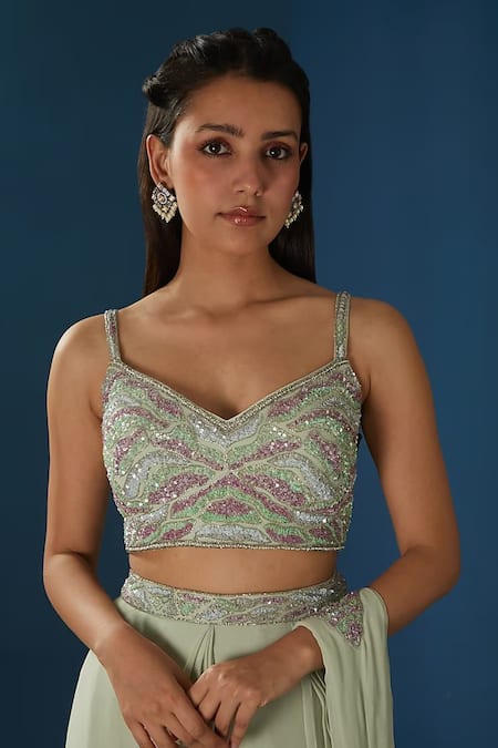 BAIDEHI_Green Georgette Sequins, Cut Work, Embroidered Pre-draped Saree With Bustier _Online_at_Aza_Fashions