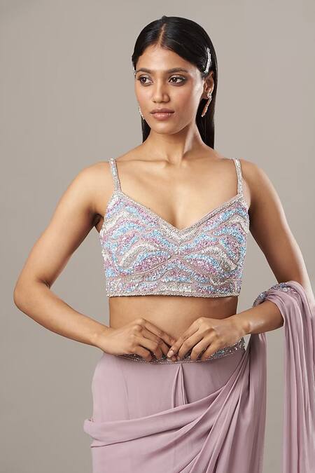 BAIDEHI_Purple Georgette Sequins, Cut Work, Embroidered Pre-draped Saree With Bustier_Online_at_Aza_Fashions