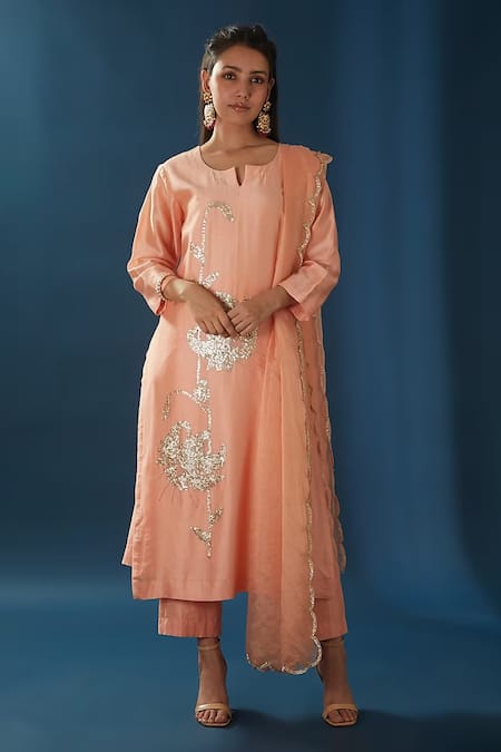 BAIDEHI Peach Kurta And Pant Chanderi Embroidery Beads Notched Floral Straight & Set