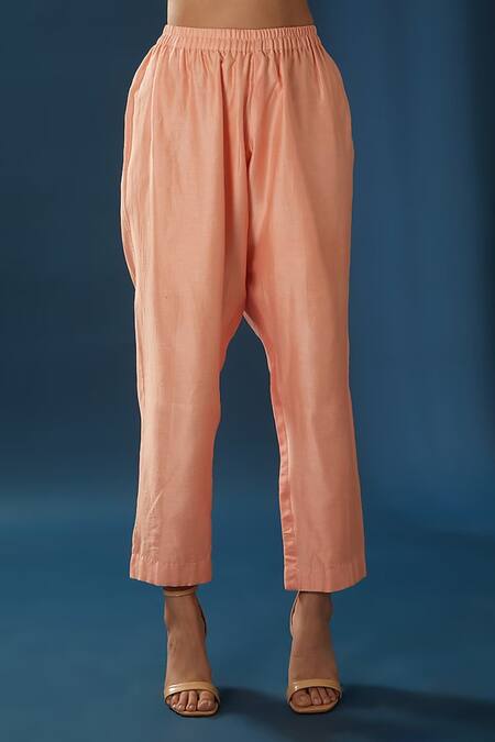 Baidehi_Peach Chanderi, Organza Sequins, Beads, Floral Straight Kurta And Pant Set _Online_at_Aza_Fashions