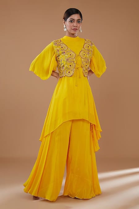 BAIDEHI Yellow Crepe, Silk Pearls, Sequins, Zari, Embroidered Jacket With Sharara Set 