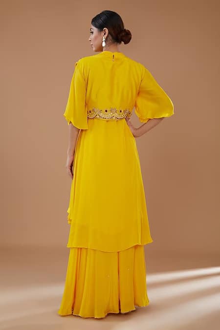 Shop_BAIDEHI_Yellow Crepe, Silk Pearls, Sequins, Zari, Embroidered Jacket With Sharara Set _at_Aza_Fashions