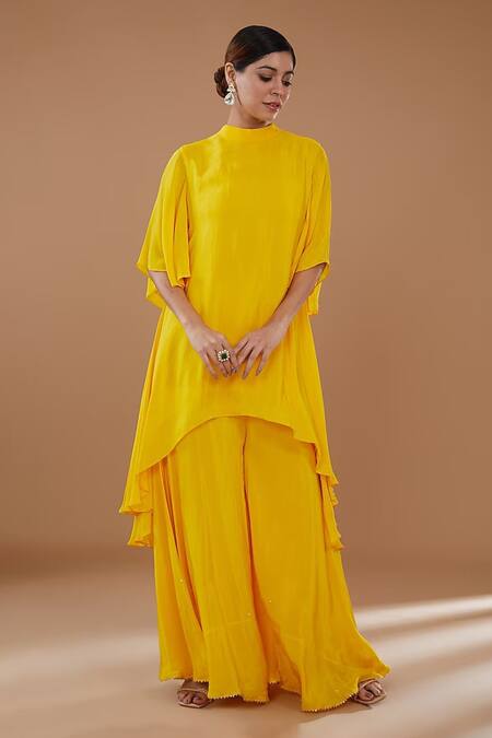 BAIDEHI_Yellow Crepe, Silk Pearls, Sequins, Zari, Embroidered Jacket With Sharara Set _Online_at_Aza_Fashions