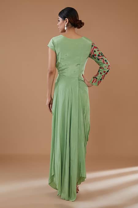 Shop_BAIDEHI_Green Crepe Embroidery Round Neck Floral Cowl Draped Gown _at_Aza_Fashions