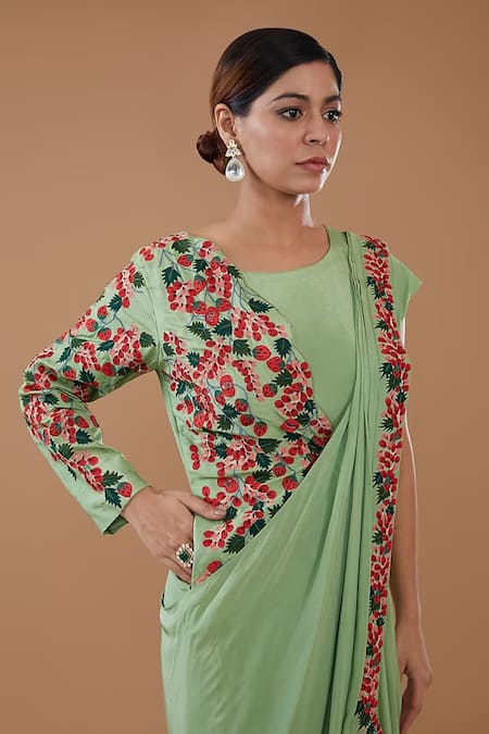 BAIDEHI_Green Crepe Embroidery Round Neck Floral Cowl Draped Gown _Online_at_Aza_Fashions
