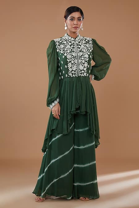 BAIDEHI Green Georgette Cut Work, Embroidery, Sequins, High-low Tunic With Sharara 