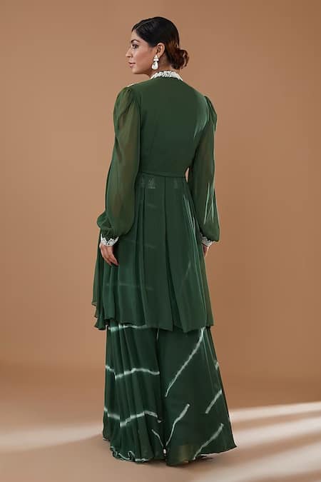 Shop BAIDEHI Green Georgette Cut Work, Embroidery, Sequins, High-low Tunic With Sharara at Aza Fashions Shop_BAIDEHI_Green Georgette Cut Work, Embroidery, Sequins, High-low Tunic With Sharara _at_Aza_Fashions