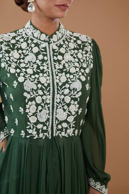 Buy BAIDEHI Green Georgette Cut Work, Embroidery, Sequins, High-low Tunic With Sharara Online at Aza Fashions Buy_BAIDEHI_Green Georgette Cut Work, Embroidery, Sequins, High-low Tunic With Sharara _Online_at_Aza_Fashions