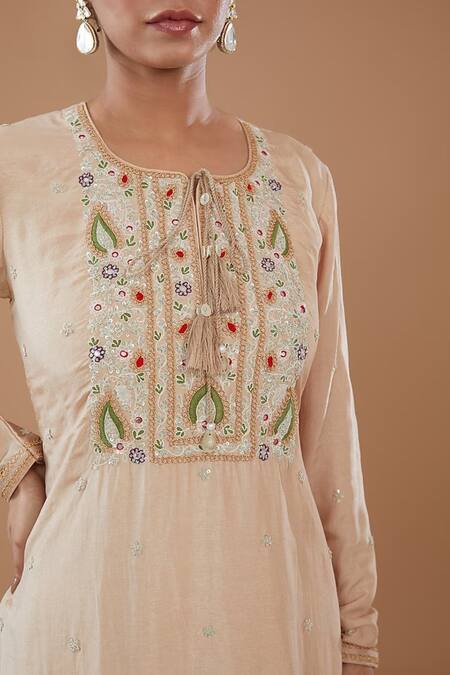 Buy BAIDEHI Beige Bamboo, Georgette, Organza Floral Straight Kurta With Sharara Set Online at Aza Fashions Buy_BAIDEHI_Beige Bamboo, Georgette, Organza Floral Straight Kurta With Sharara Set _Online_at_Aza_Fashions