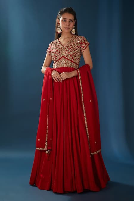 BAIDEHI Red Bamboo Pearls, Embroidery, Piping V-neck Floral Yoke Anarkali With Dupatta 