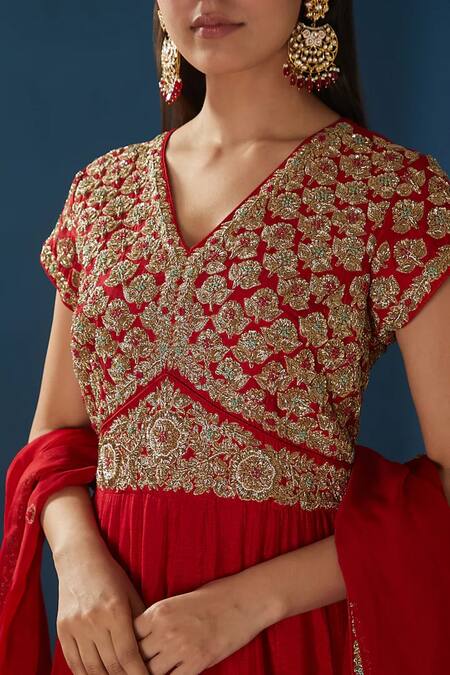 BAIDEHI Red Bamboo Pearls, Embroidery, Piping V-neck Floral Yoke Anarkali With Dupatta Online at Aza Fashions BAIDEHI_Red Bamboo Pearls, Embroidery, Piping V-neck Floral Yoke Anarkali With Dupatta _Online_at_Aza_Fashions