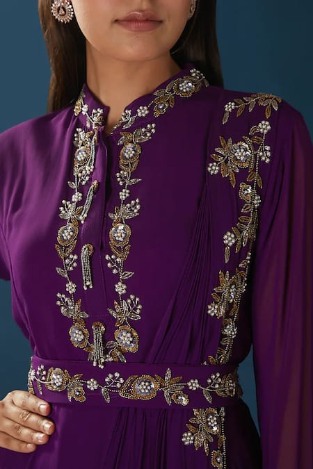 Baidehi Purple Georgette Pearls, Sequins, Embroidery Placement Hand Gown With Belt Online at Aza Fashions Baidehi_Purple Georgette Pearls, Sequins, Embroidery Placement Hand Gown With Belt _Online_at_Aza_Fashions